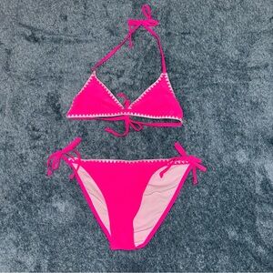 Hot Pink and White Crochet Trim Classic String Bikini Women’s Size Medium